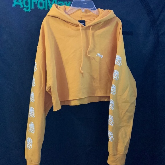 Obey Tops - Obey Gold Crop Hoodie with Rose Graphic down sleeve